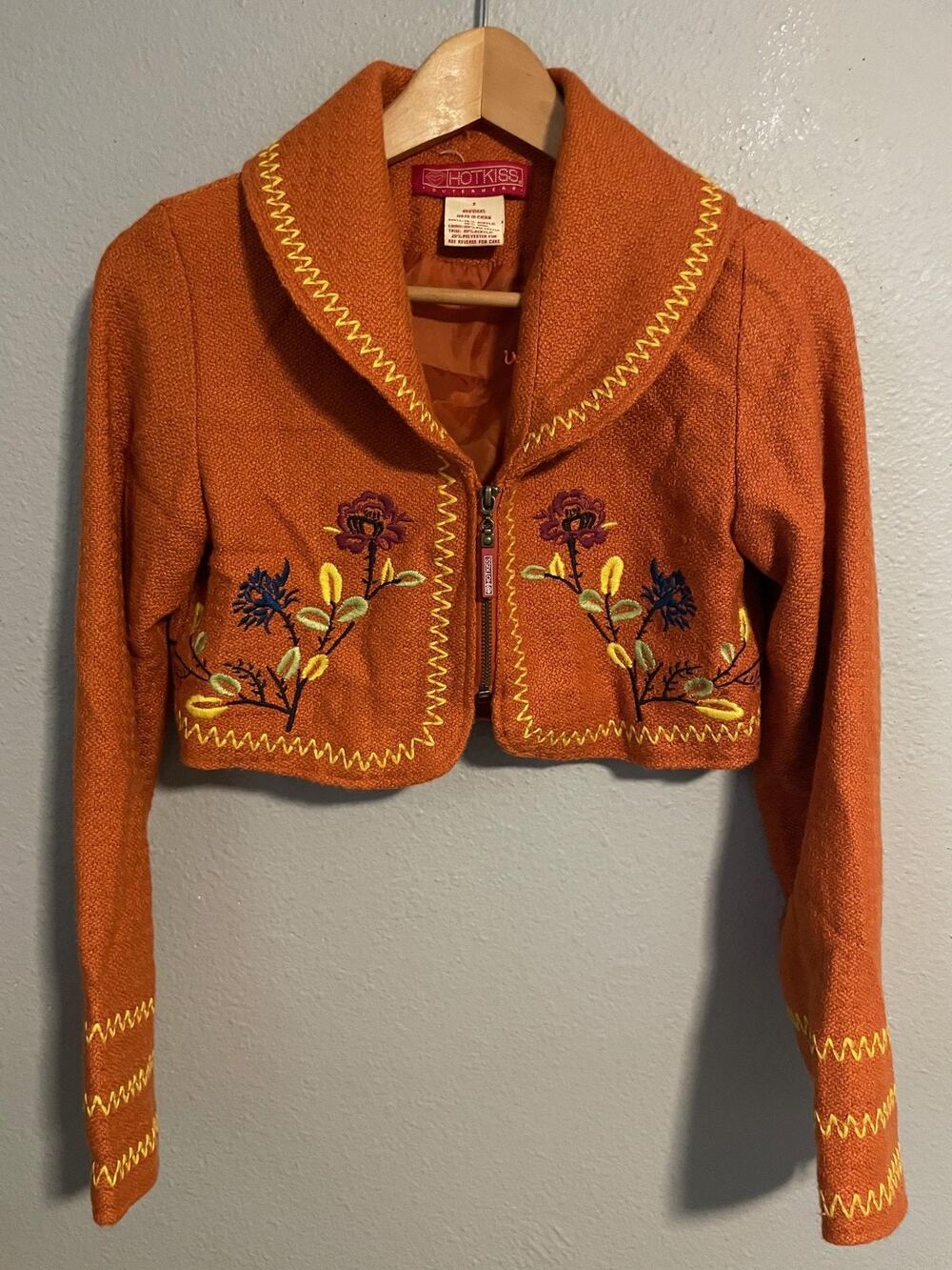 VTG Hot Kiss Womens Jacket Small Orange Embroidered Floral Crop Boho Tweed Y2K
